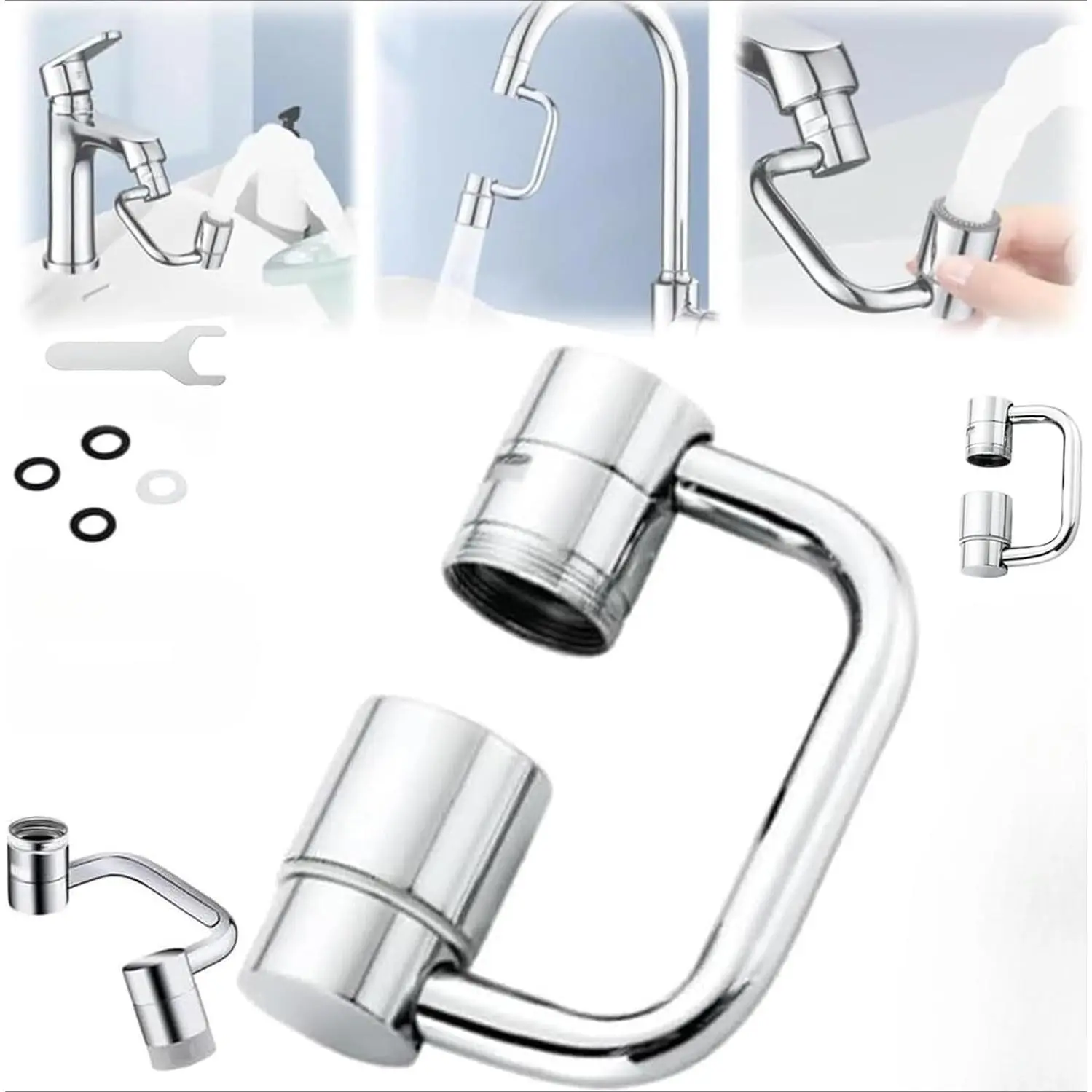 Silver Metal 2026 Upgraded Faucet Aerator - 1080° Rotating, 360° Rotation & 360-Degree Swivel, 4-Joint Design, 4 Water Modes, U-Shaped, Upward Facial Mist for Bathroom & Kitchen Sinks