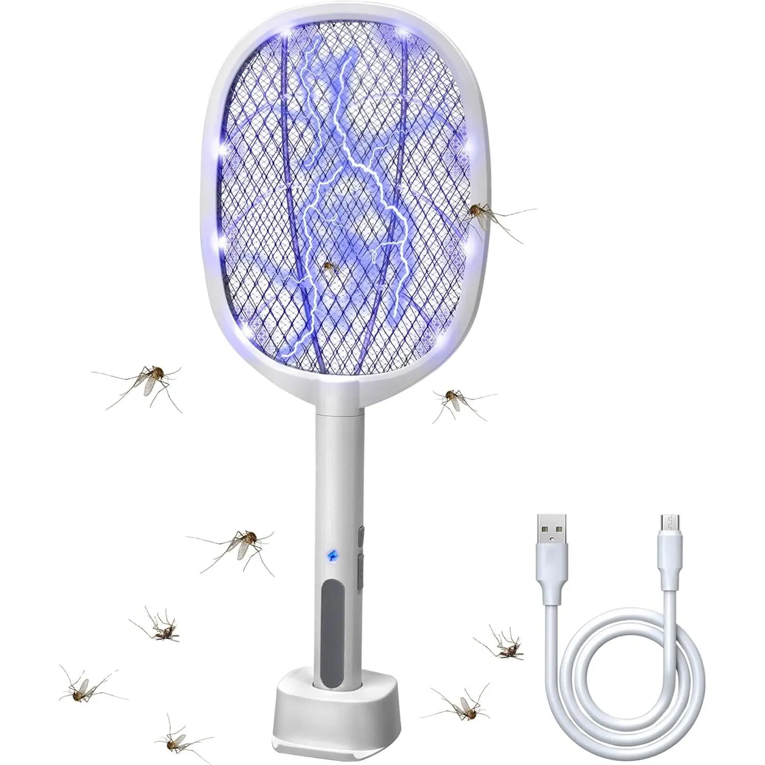 2-in-1 Electric Bug Zapper Racket with 4000V Voltage, LED Light, 3-Layer Safety Mesh, USB Cable Charging, Portable Fly Killer for Indoor/Outdoor Mosquito Swatting