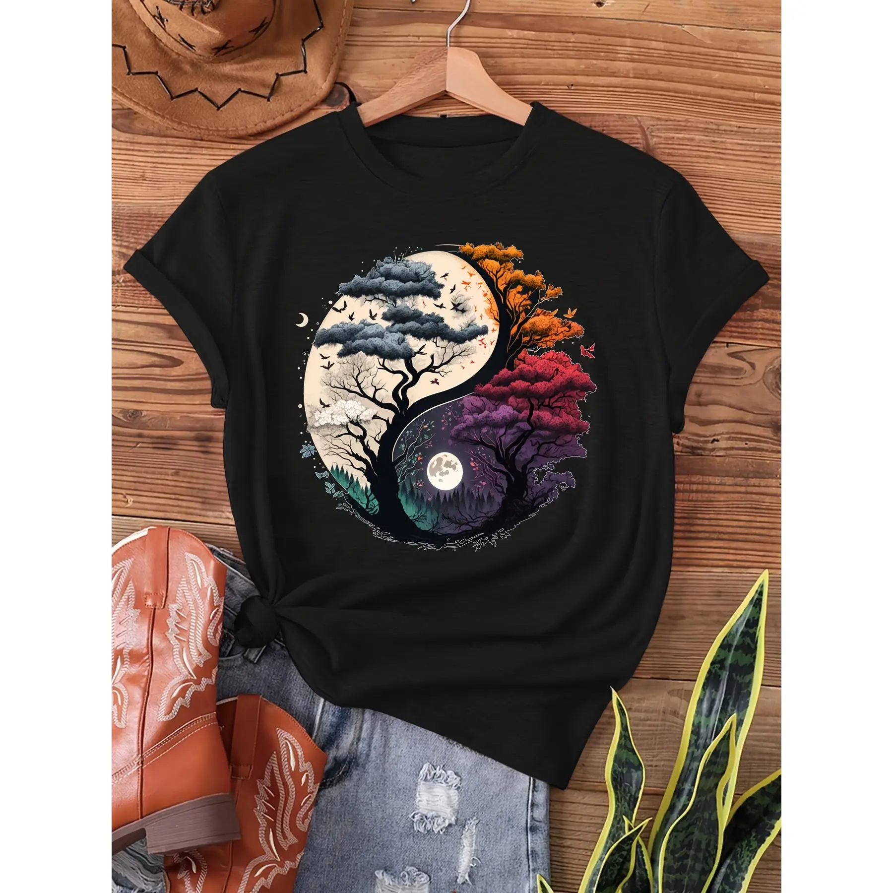 Tree of Life Yin Yang Print T-shirt, Short Sleeve Crew Neck Casual Top for Summer & Spring, Women's Clothing