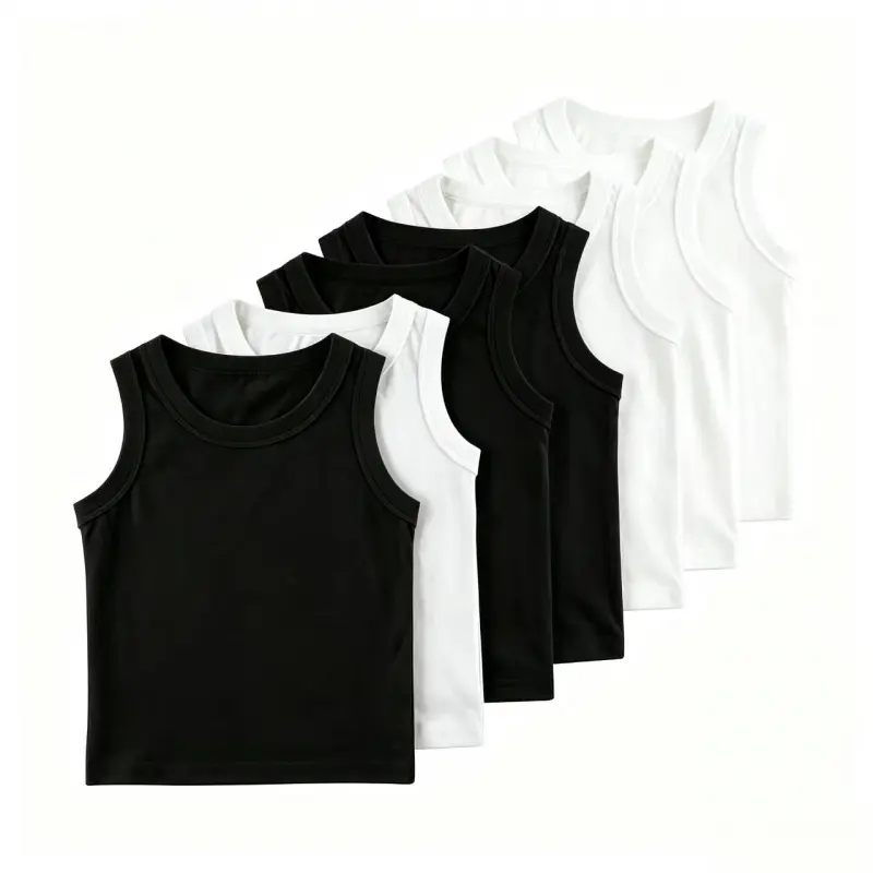 Boys' 6-Pcs Casual Athletic Sleeveless Tank Tops Set - Solid Color, High Stretch Ribbed Fabric, Inner Layer Option, Machine Washable, for 4-5y/5-6y Kids, Suitable for Spring Summer, Child Size Boys' Vest, Infants, Tank Top, Everyday Wear, Solid Plain, Six