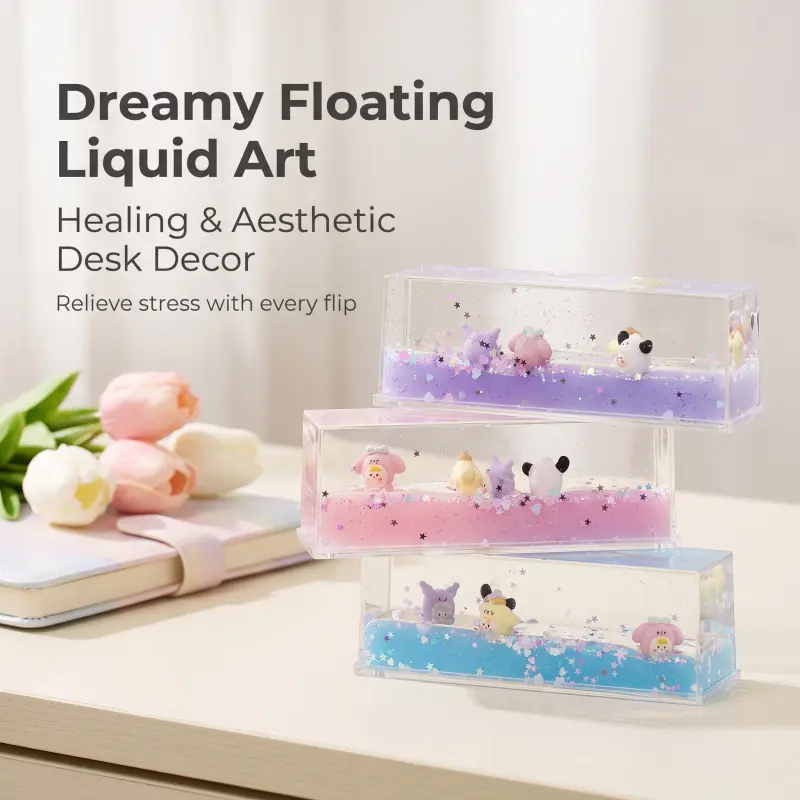Cute Floating Liquid Hourglass Ornament, Creative Oil Water Drop Doll Glitter Shaker Desktop Decor Aesthetic Tabletop Figurine, Acrylic, Decorative