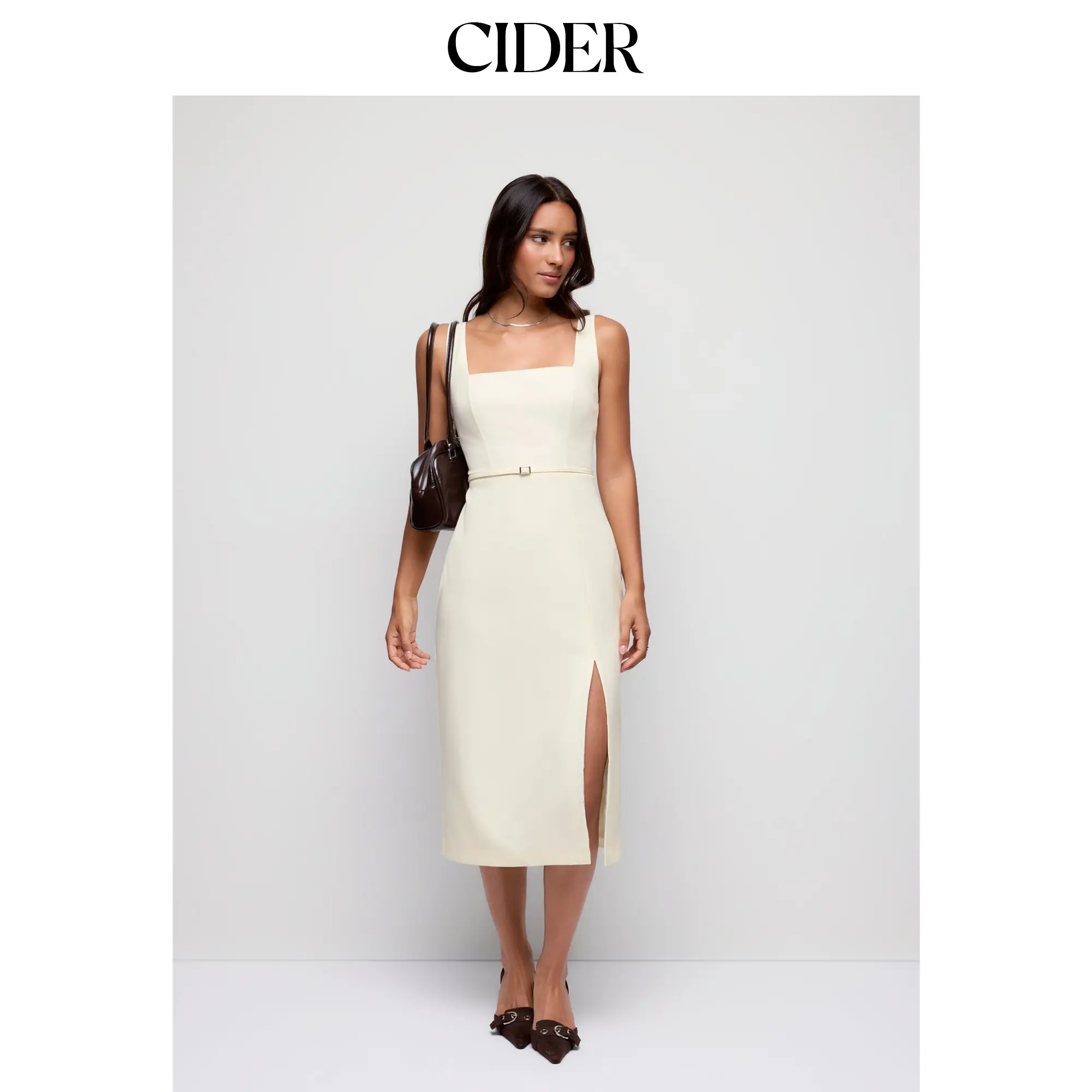 Cider Square Neck Metal Detail Split Straight Midi Dress With Belt