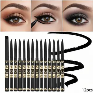 12-piece set of black eyeliner gel pencils, smooth application, long-lasting and smudge-proof, integrated twist-up design, quick matte film formation, creates a textured and charming eye makeup, suitable for all makeup looks