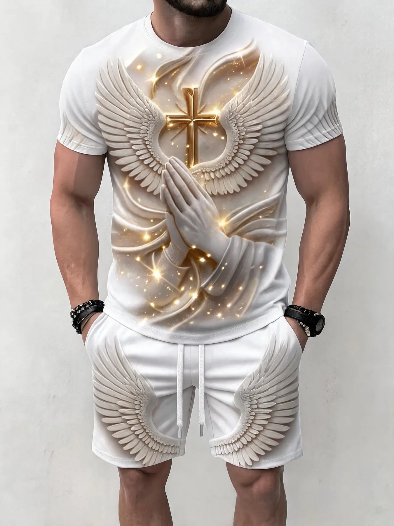 Men's summer two-piece set, wings prayer hand printed short sleeved shorts, trendy retro vintage casual outfit