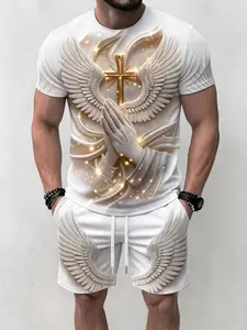 Men's summer two-piece set, wings prayer hand printed short sleeved shorts, trendy retro casual outfit