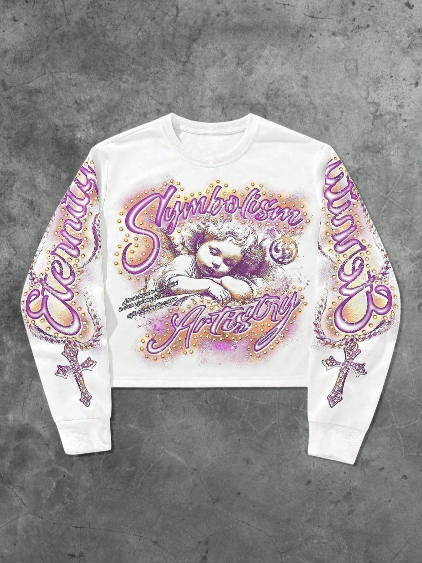 Unisex Streetwear Angel Print Design Sweatshirt, Loose-fitting Casual Long Sleeve Crewneck for Fall & Winter Fashion