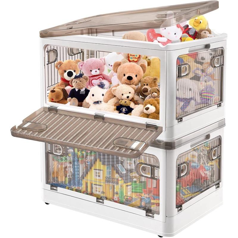 28 Liters Plastic Storage Bins with Lids 2 Pack Stackable Storage Containers with Wheels and 4 Doors Collapsible Storage Boxes for Organizing Clothes Snacks Toys Camping