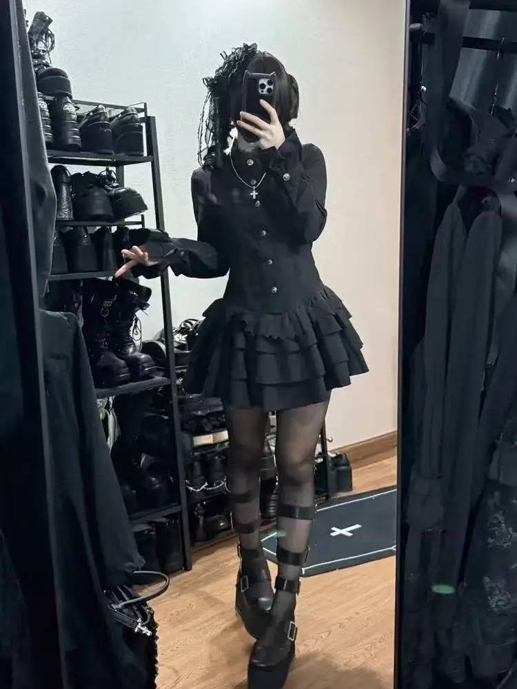 Aesthetic Vintage Slim Sleeveless Black Dress Women Gothic High Street Skinny Ruffle Retro Dresses Y2k Chic Belt New Clothing