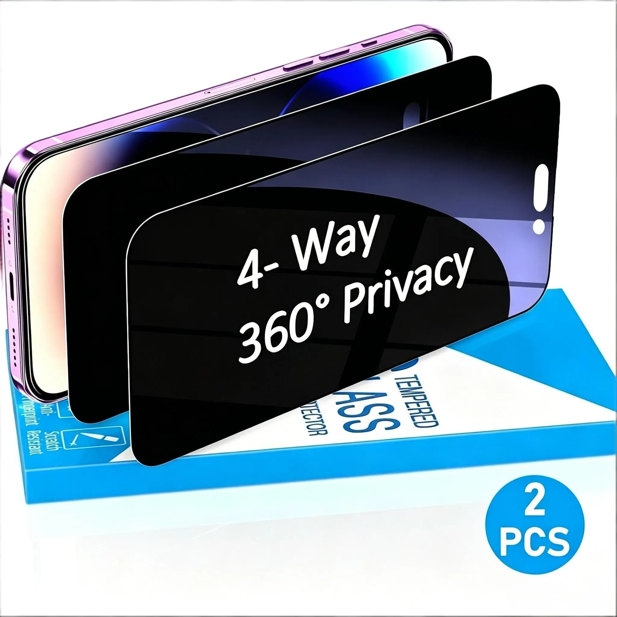 2-Pack 360° Privacy Screen Protector for iPhone X/XR/XS/XS Max/11/12/13/14/15/16/17 Pro/max/air, Anti-Glare Tempered Glass, Bubble- Vertical and horizontal dual-use privacy tempered glass, four-sided privacy protection, bubble-free and scratch-resistant