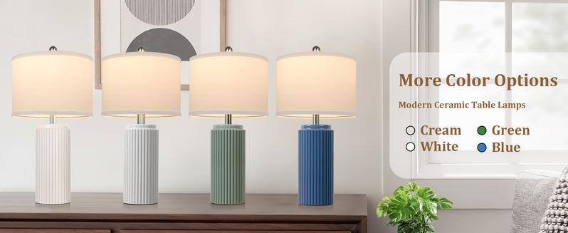 23.5’’ Farmhouse Table Lamps for Living Room Set of 2, Modern Elegant Ceramic Bedside Nightstand Lamps with White Linen Shade for Bedroom, Coastal Lamps Set for Study Home Office