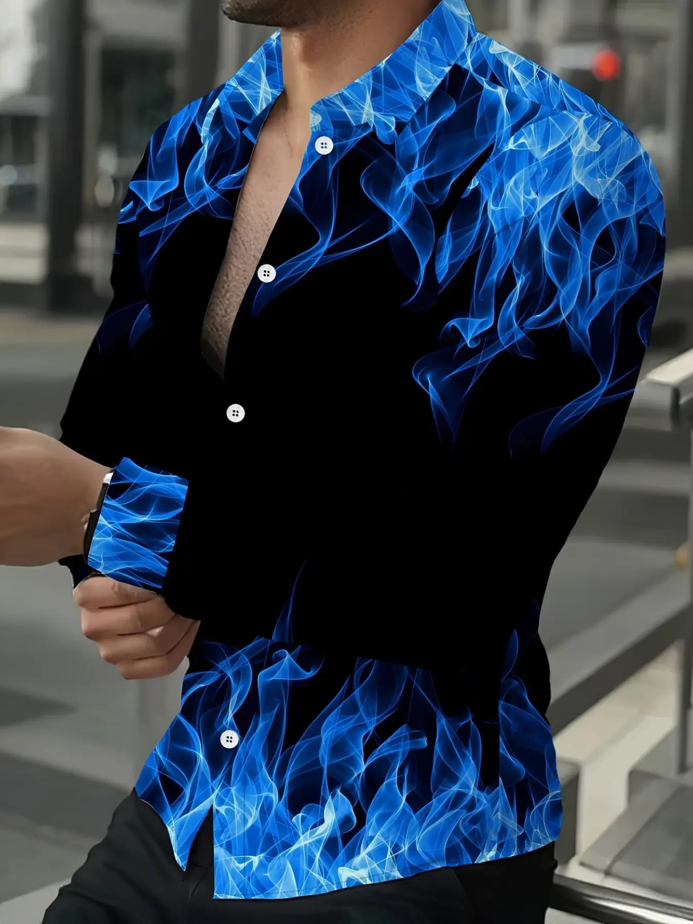 Men's Trendy Cool Blue Smoke Flame Long-Sleeve Polo Shirt, Digital Print Slim-Fit Shirt, European and American Street Style Casual Top, Unique Fashionable Versatile Shirt