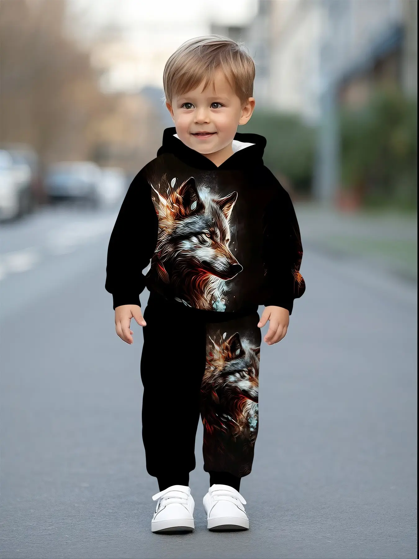 Boys' Animal Print Two-Piece Set, 3D Wolf Tiger Lion Full Print Hoodie and Pants, Casual Fall Winter, Fitted Suit, Graphic Print Set