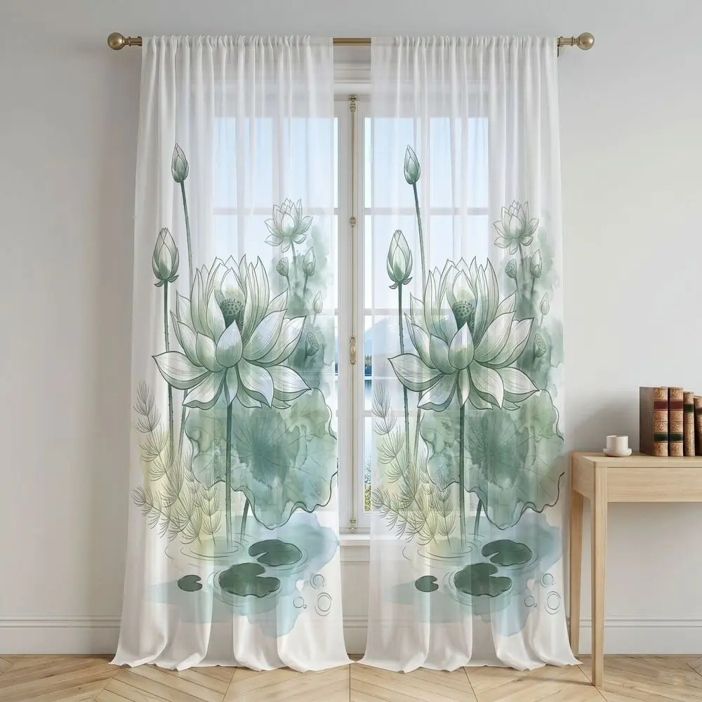 2-Pack Watercolor Green Lotus Leaf Print Sheer Curtains, Rod Pocket Semi Transparent 2D HD Printed Window Drapes, Suitable for Bedroom Living Room, Oriental Fresh Home Decor & Multiple Indoor Decor Scenes
