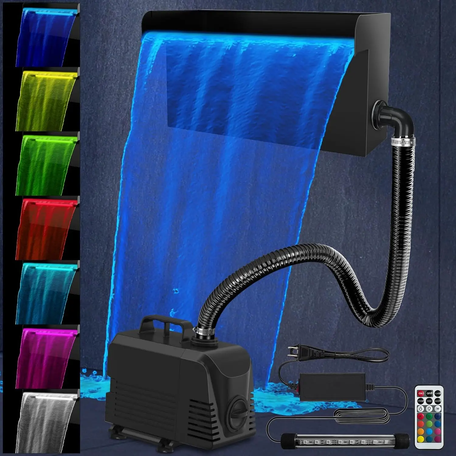 Premium Pond Waterfall Kit with LED Lights - All-in-1 Stainless Steel Spillway & 660GPH Water Pump, Outdoor Waterfall Fountain for Garden, Backyard & Pool Decor (8 Inch)