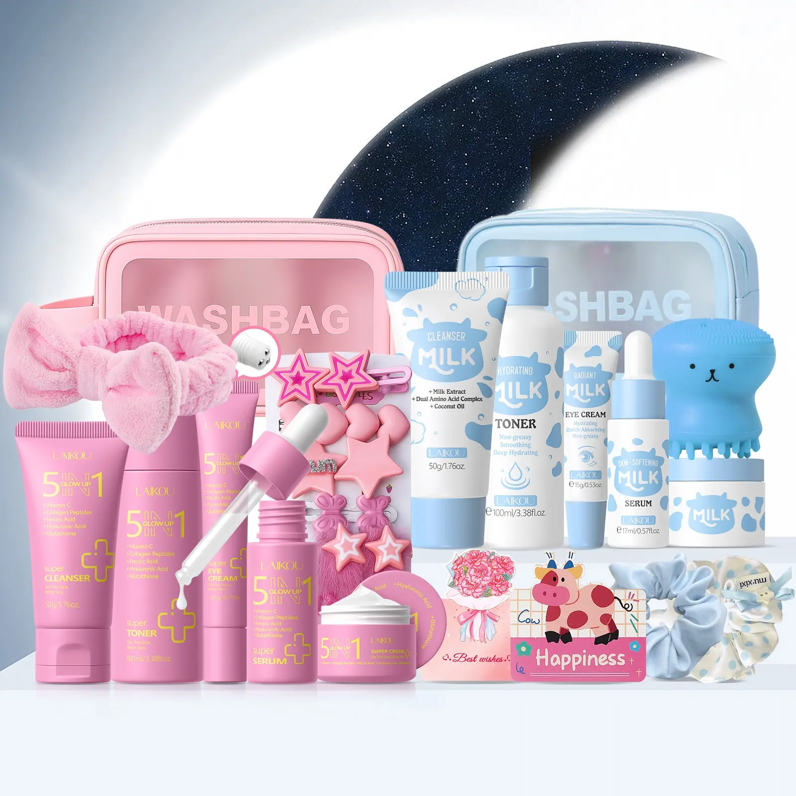 Laikou Daily & Night Skincare Set, Including Cleanser & Toner & Serum & Eye Cream & Essence Cream, Hairpin Suit, Bandeau, Hair Band, Octopus Brush, Makeup Bag, Card, Beauty & Personal Care Product for Women & Men