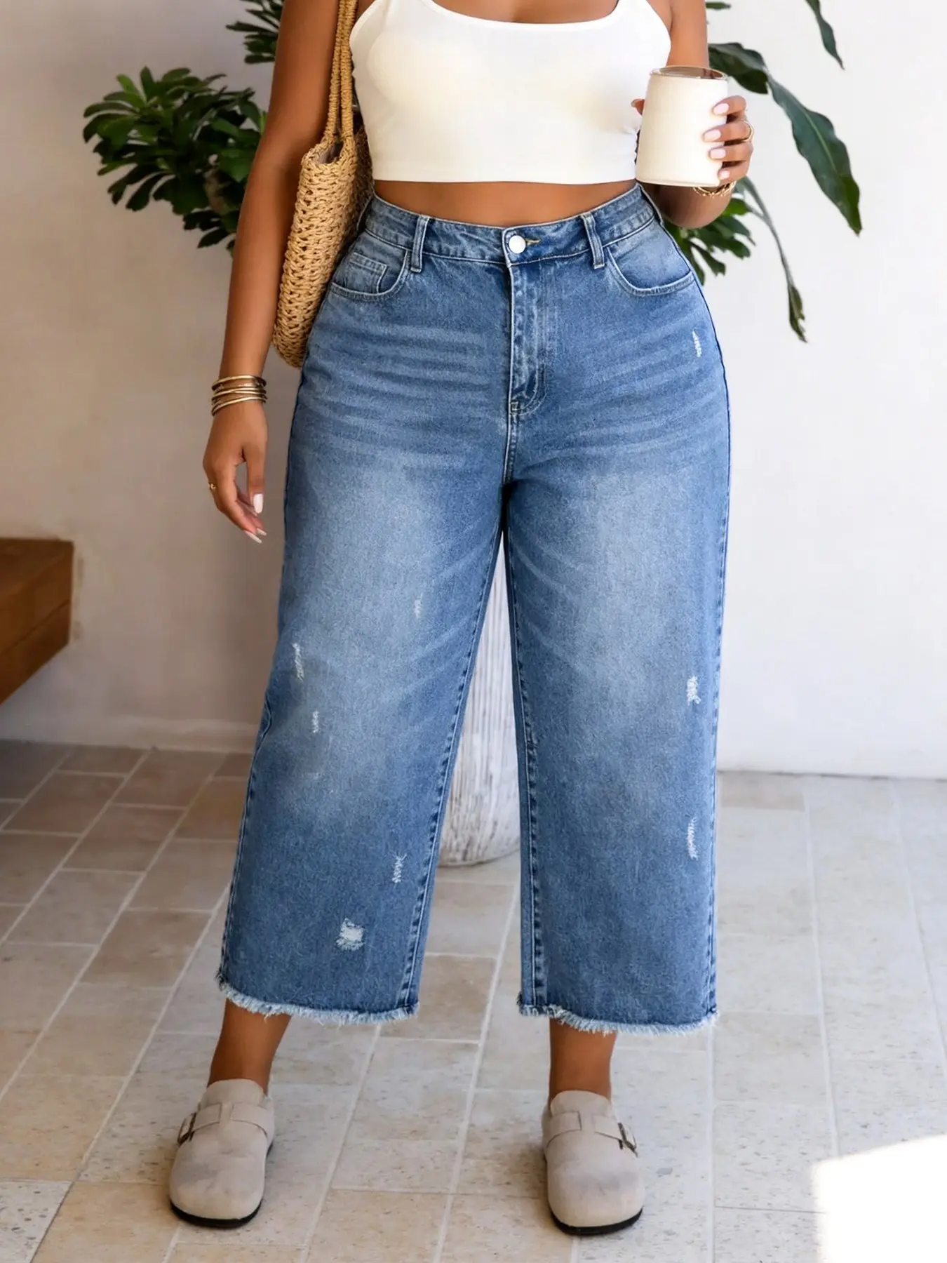 Blue Women's High-Waisted Wide-Leg Denim Jeans, Loose Fit, Suitable for All Body Types, Casual Style, All Seasons