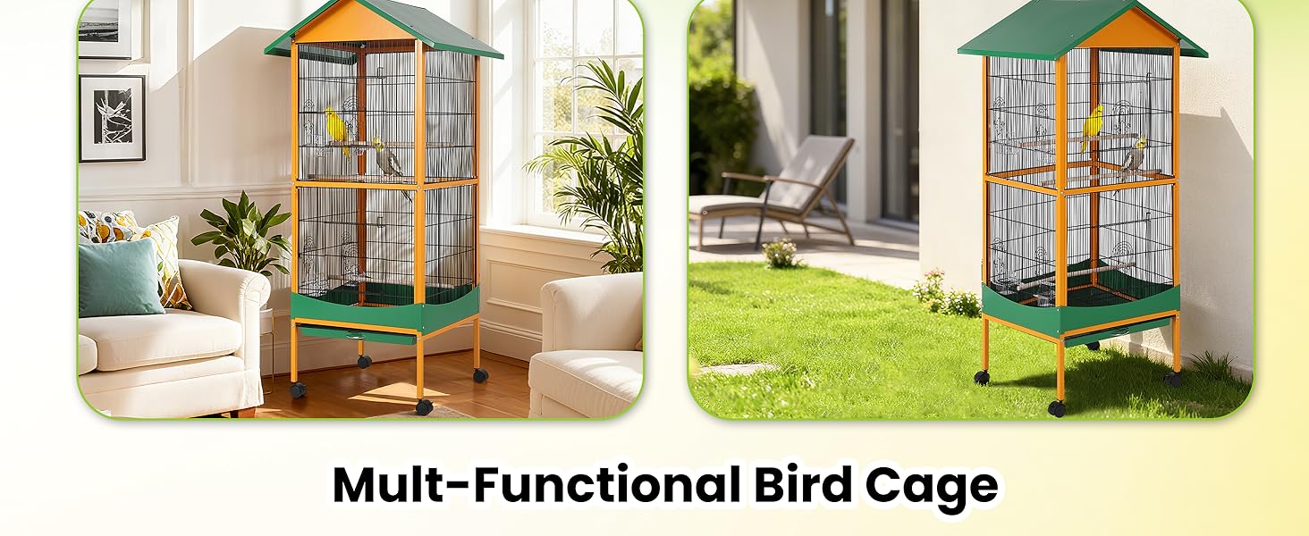 Bird Cage, 66''H Extra Large Bird Cage, w/Removeble Tray, Waterproof Roof, Easy to Clean, Lockable Caster, Indoor& Outdoor Application for Conure,Macaw,Budgie,Cockatiel,Lovebirds,Parakeet