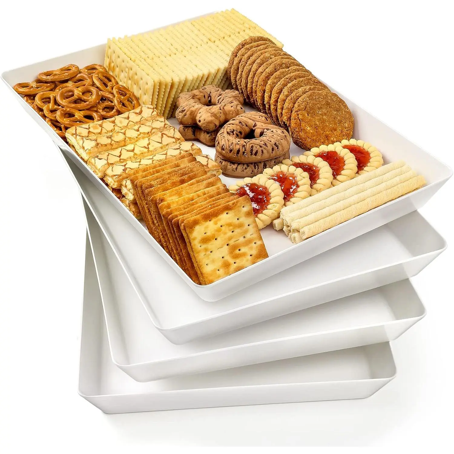4-Pack Large White Rectangular Plastic Serving Trays (16x11 in) - BPA-Free, Reusable, Stackable Kitchen Countertop Platters for Party Food Ideas, Dessert Display