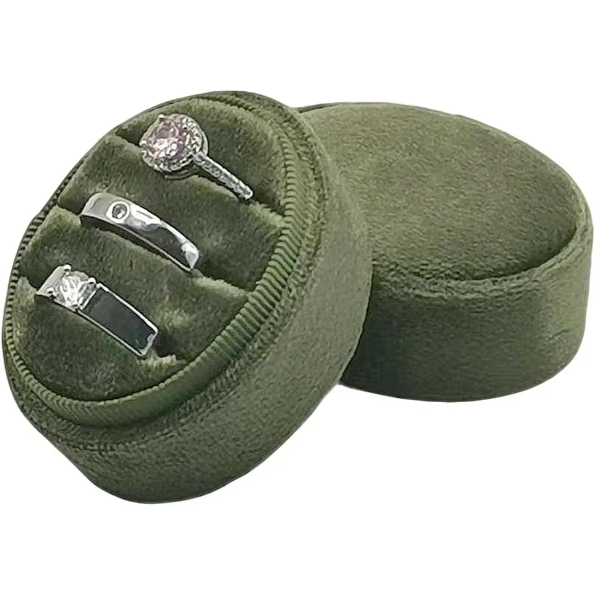 Velvet Octagon 3-Slot Engagement Ring Box with Hinged Lid for Proposal & Wedding, GreenGift