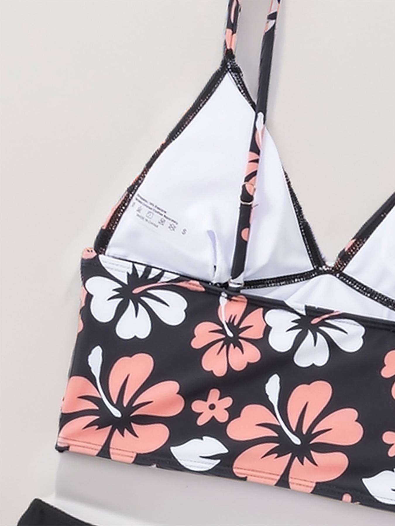 Two-piece Women's Floral Print Bikini Set, Flower Print Bikini, Adjustable Strap Bra & Drawstring High Cut Panty, Ladies Summer Swimwear for Beach Holiday Vacation, Tankini Swimsuits Women