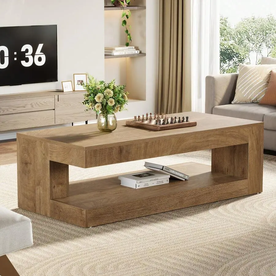 Elegant Grey & Light Brown Farmhouse Style Rectangle Coffee Table - 47.24in W x 23.62in D x 19.69in H, 2-Tier MDF Wood Accent Center Tea Table with Storage, Diagonal Support, Assembly Required for Living Room, Farmhouse Style Table