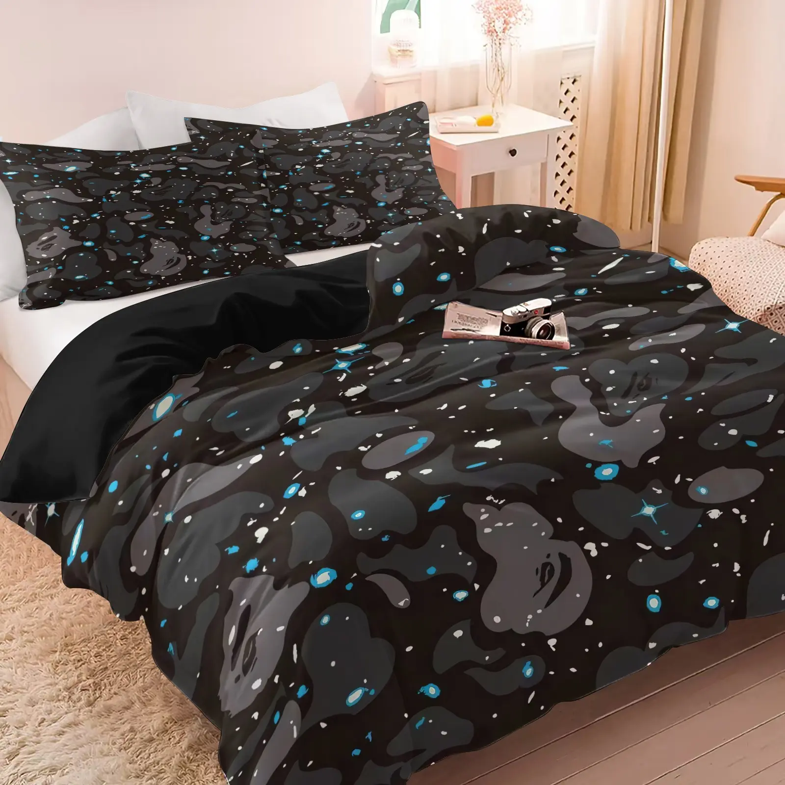 Dark Camo Star Duvet Cover Set (1 Duvet Cover + 1-2 Pillowcases), Soft Skin Friendly Breathable Bed Linen, Black Grey Camouflage Star Speckle Pattern with HD Digital Printing Bedding, Streetwear Cool Aesthetic Bedroom Home Decor