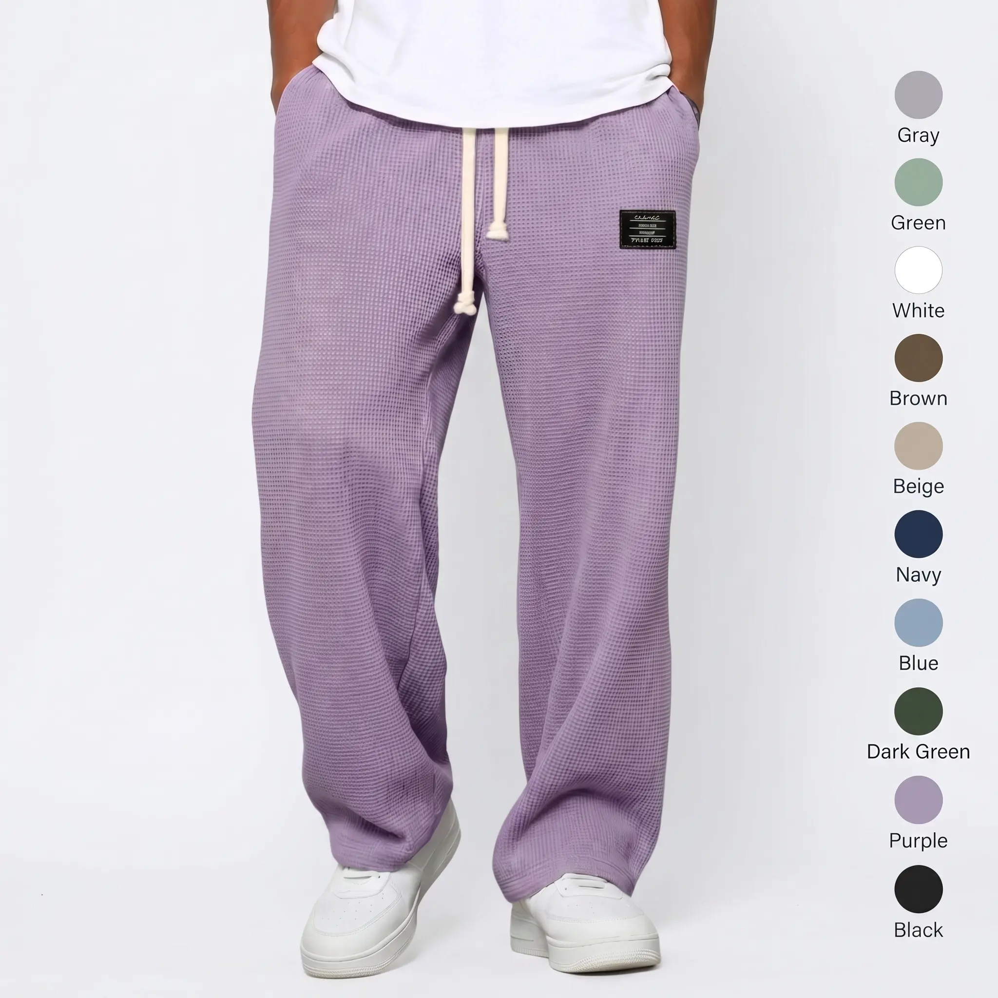 Men's Baggy Waffle Knit Sweatpants - Below the Ankle, Straight Uncuffed Legs, Drawstring Waist, Knitted Sports Pants, Casual Comfy Sporty Athleisure, Machine Washable, All-Season for Casual Streetwear & Lounge, Adjustable Drawstring Sweatpants, Athleisure