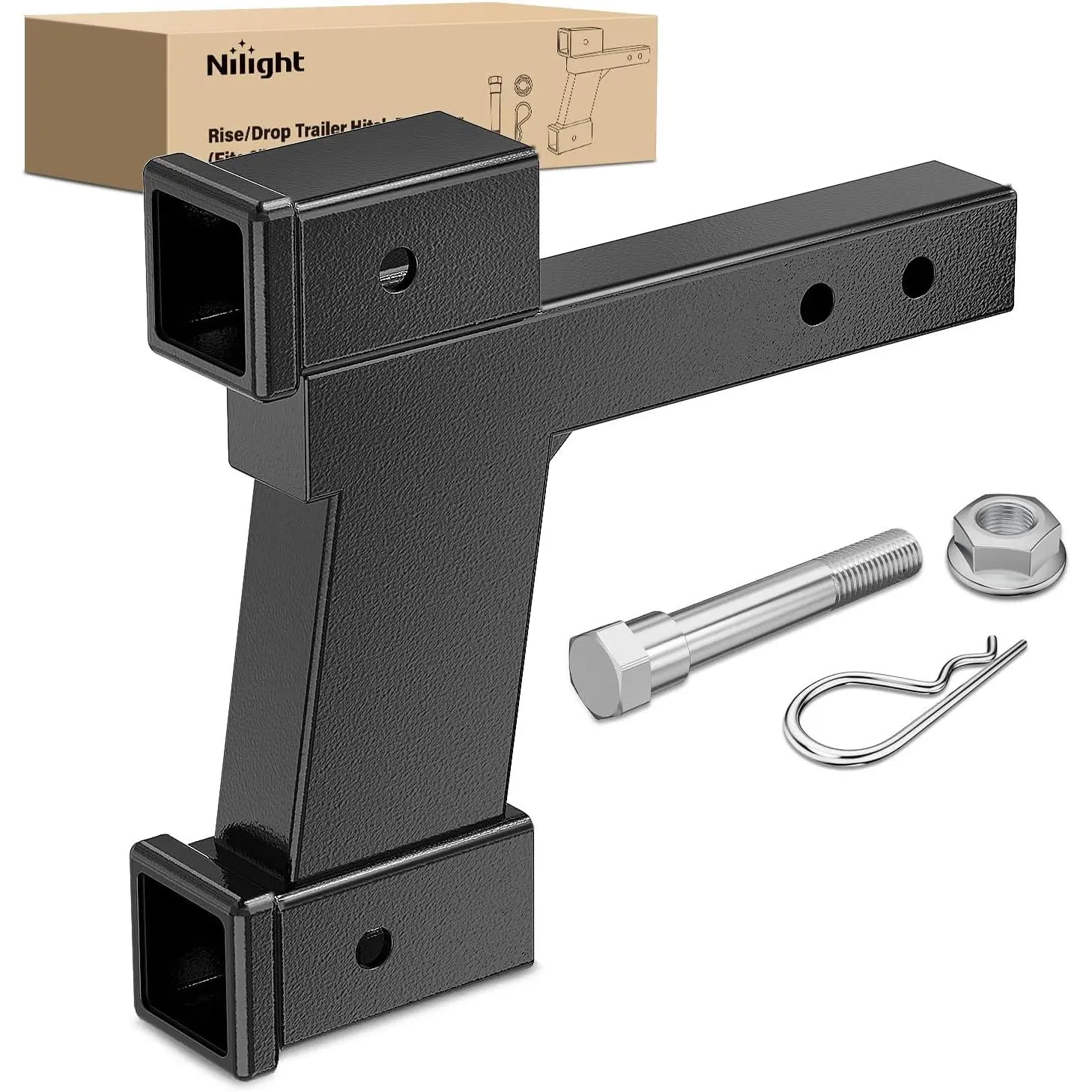 Nilight Trailer Hitch Extension Riser for 2 Inch Receiver with 2 and 8Inch Rise or Drop with Bolt Nut Clip 10,000 lbs Capacity Adjustable Extend 8 Inch 10 Inch Length Black Coated for Class I-VI Receivers