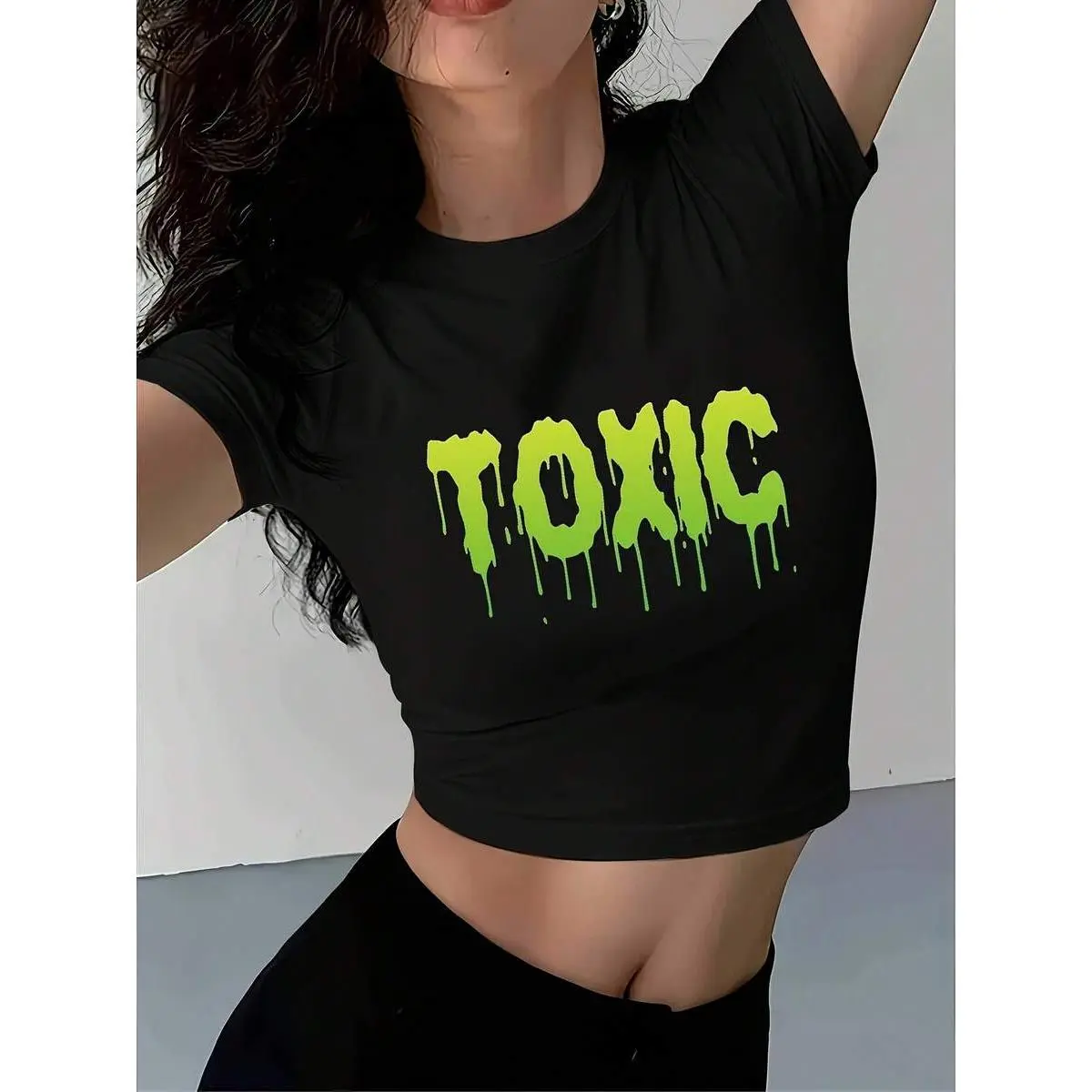 Womens Y2k Toxic Drip Print Crop Top Black Fluorescent Green Short Sleeve T Shirt Breathable Casual Summer Wear For Beach Travel Outdoor Toxic Design Tee Durable Fabric Shirt