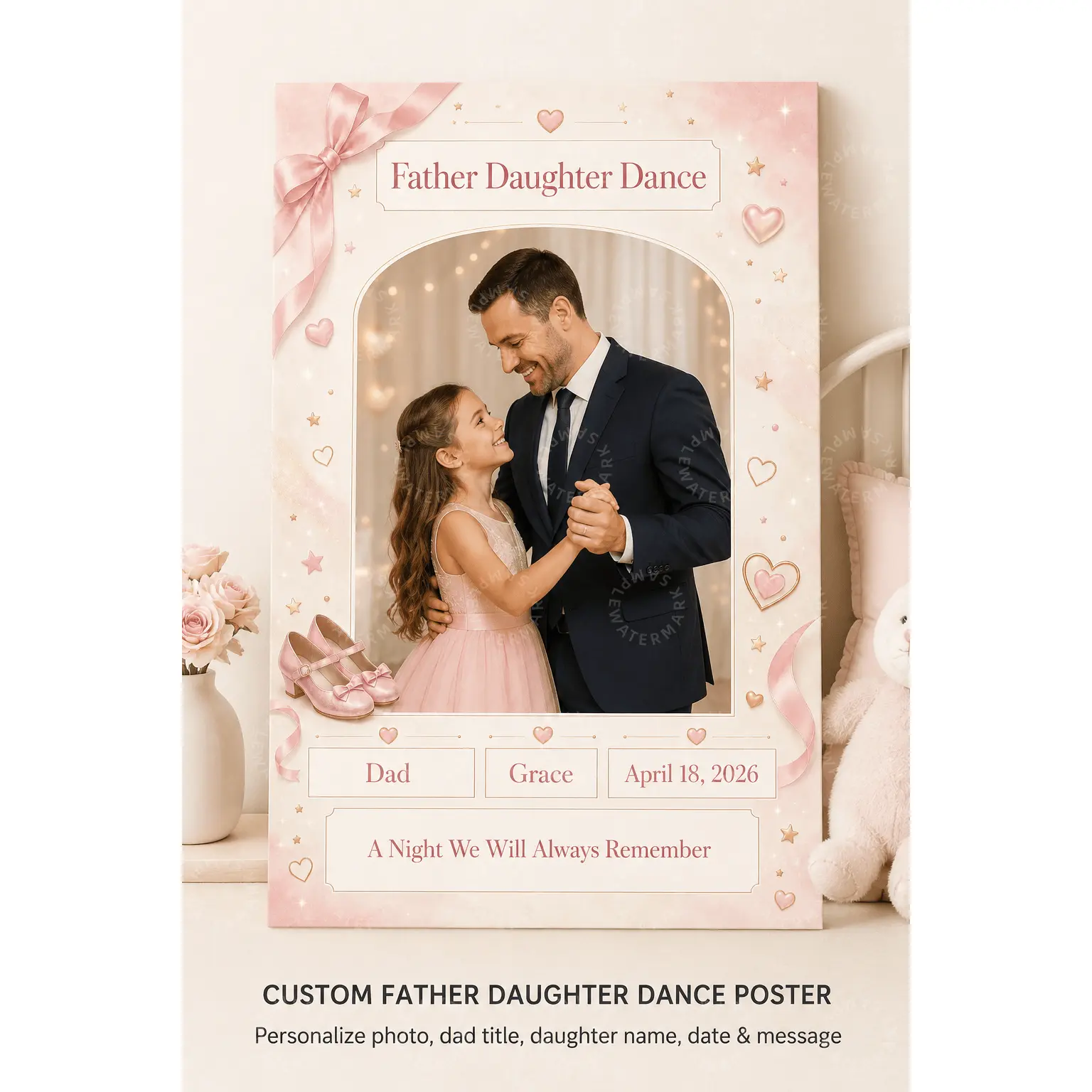 Custom Father Daughter Dance Photo Poster, Personalized Dad Daughter Keepsake, Pink Bow Heart Wall Art, Daddy Daughter Gift, Girl Room Decor, Bedroom Wall Art, Aesthetic Canvas Print