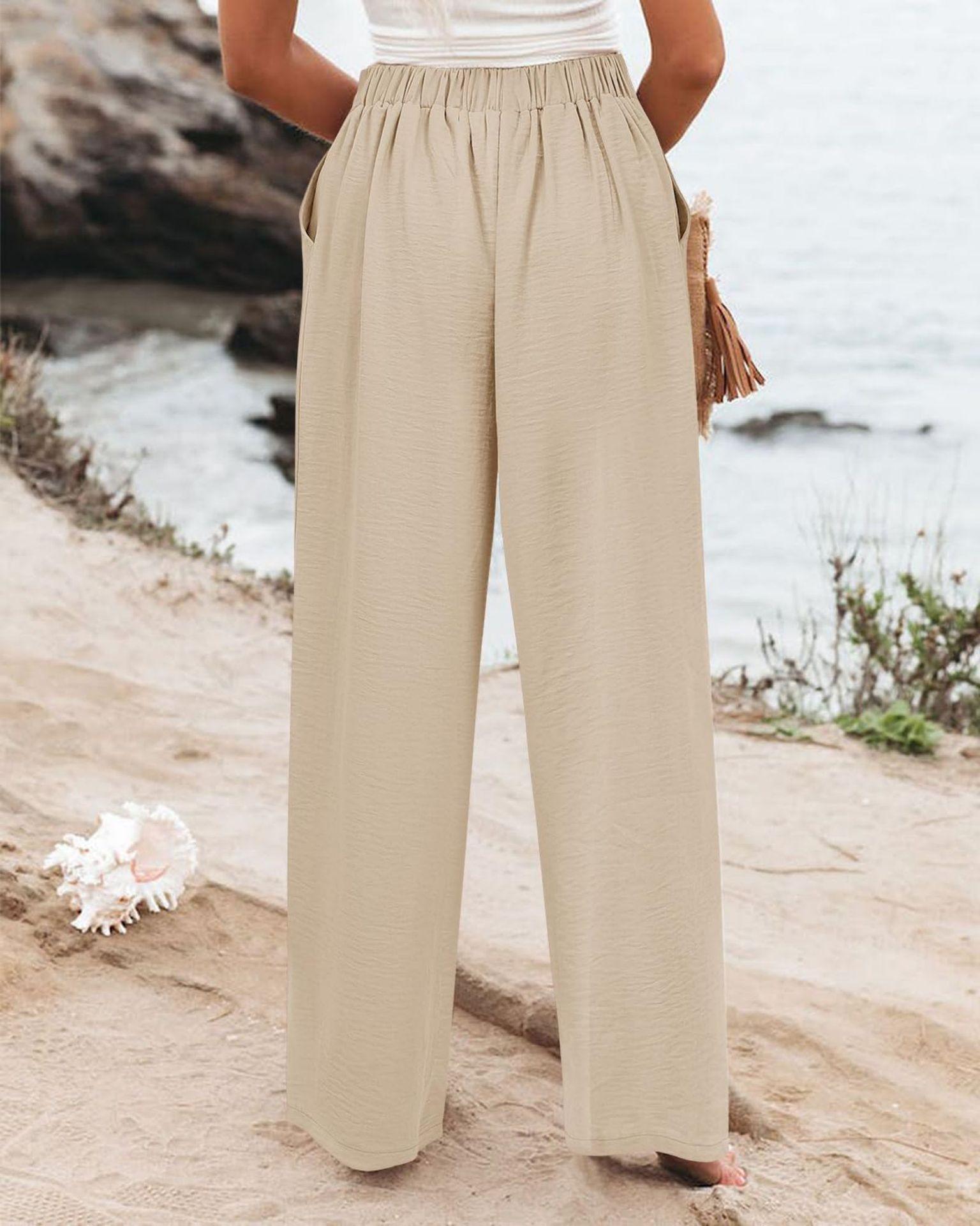 Women's Commuting and Vacation Summer Comfortable High-Waisted Long Pants with Buttons, Elastic Waist, Wide-Leg Casual Straight Pants