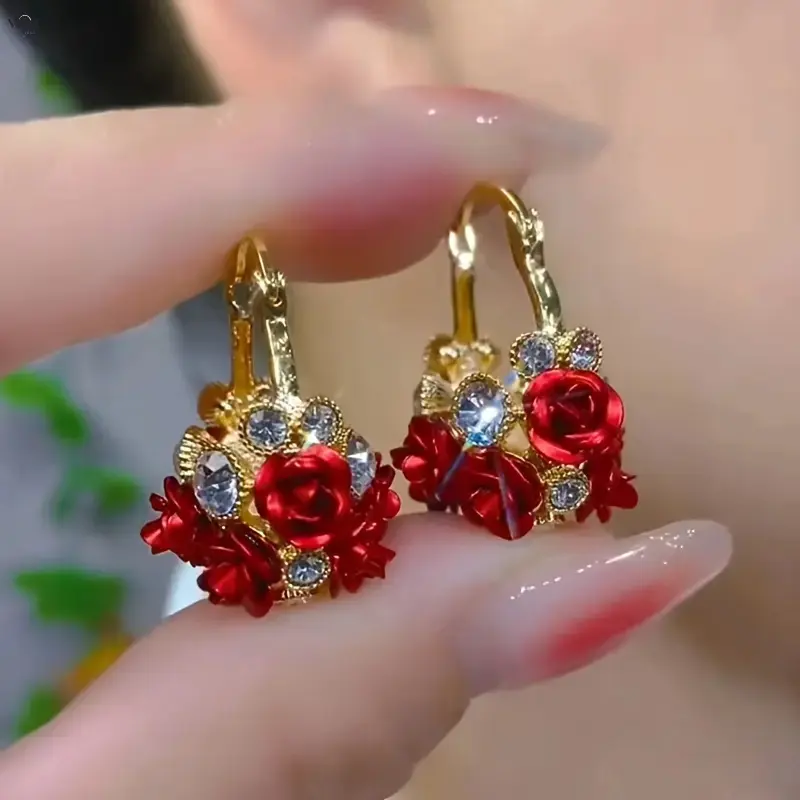 Mini Rose Flower Hoop Earrings for Women, 2.4cm Small Floral Huggie Hoops with Clear Rhinestone, Gold Plated Red Purple Resin Rose Petal Cute Vintage Daily Ear Jewelry