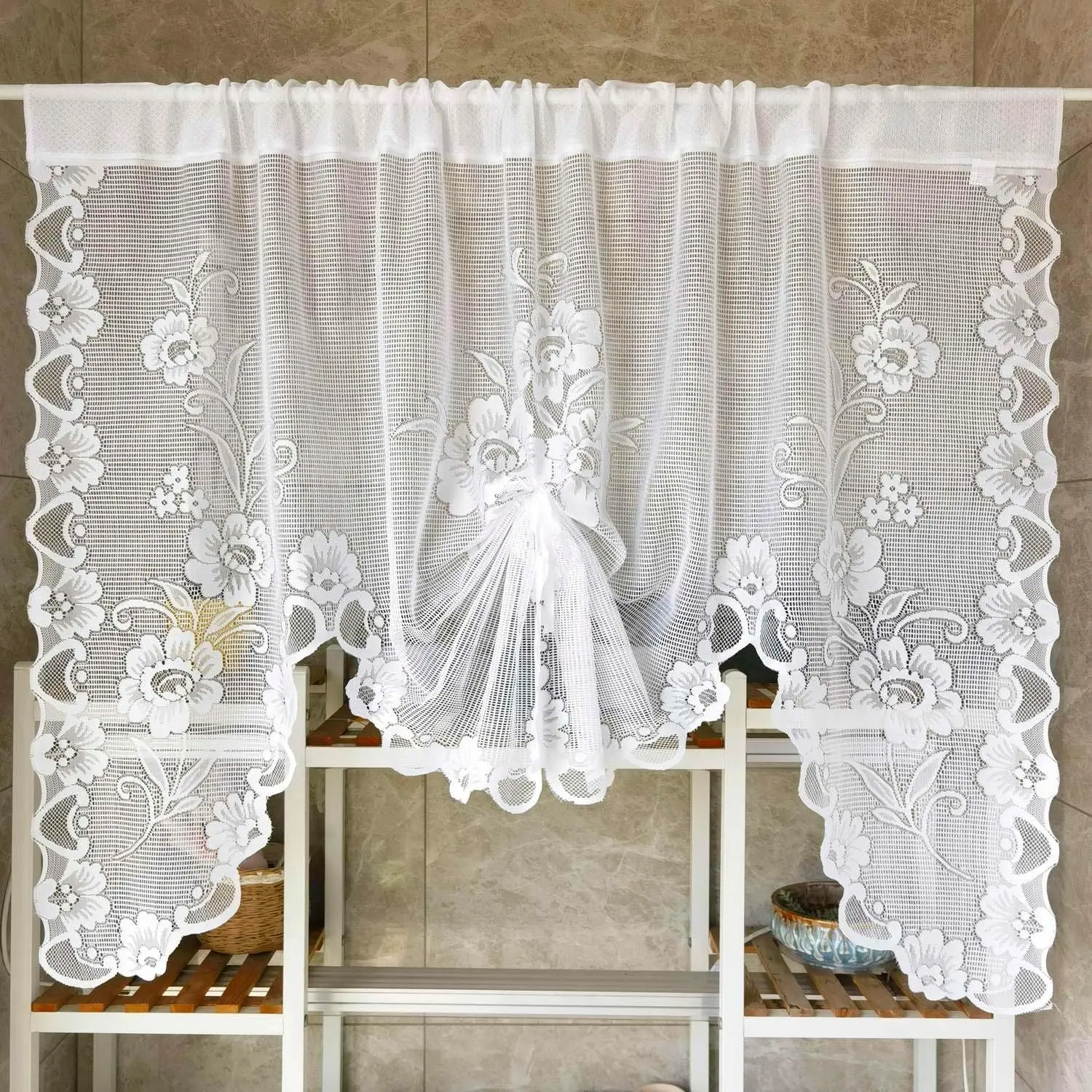 1 Panel White Floral Embroidery Tie-up Sheer Lace Curtain Valance | Princess Style Embroidered Waterfall Swag Curtain Valance Tier for Kitchen Bathroom Half Window Decoration, Rod Pocket Top