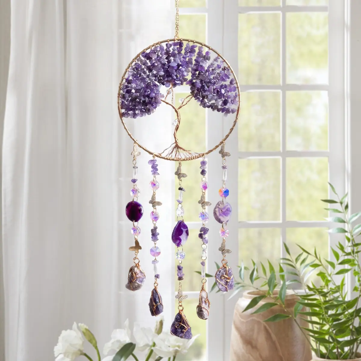 Handmade Bohemian Tree of Life Dream Catcher and Sun Catcher, Crystal and Gemstone Wind Chimes, Irregular Tree Shape Ideal Gift for Home Decor, Christmas Day, Birthday