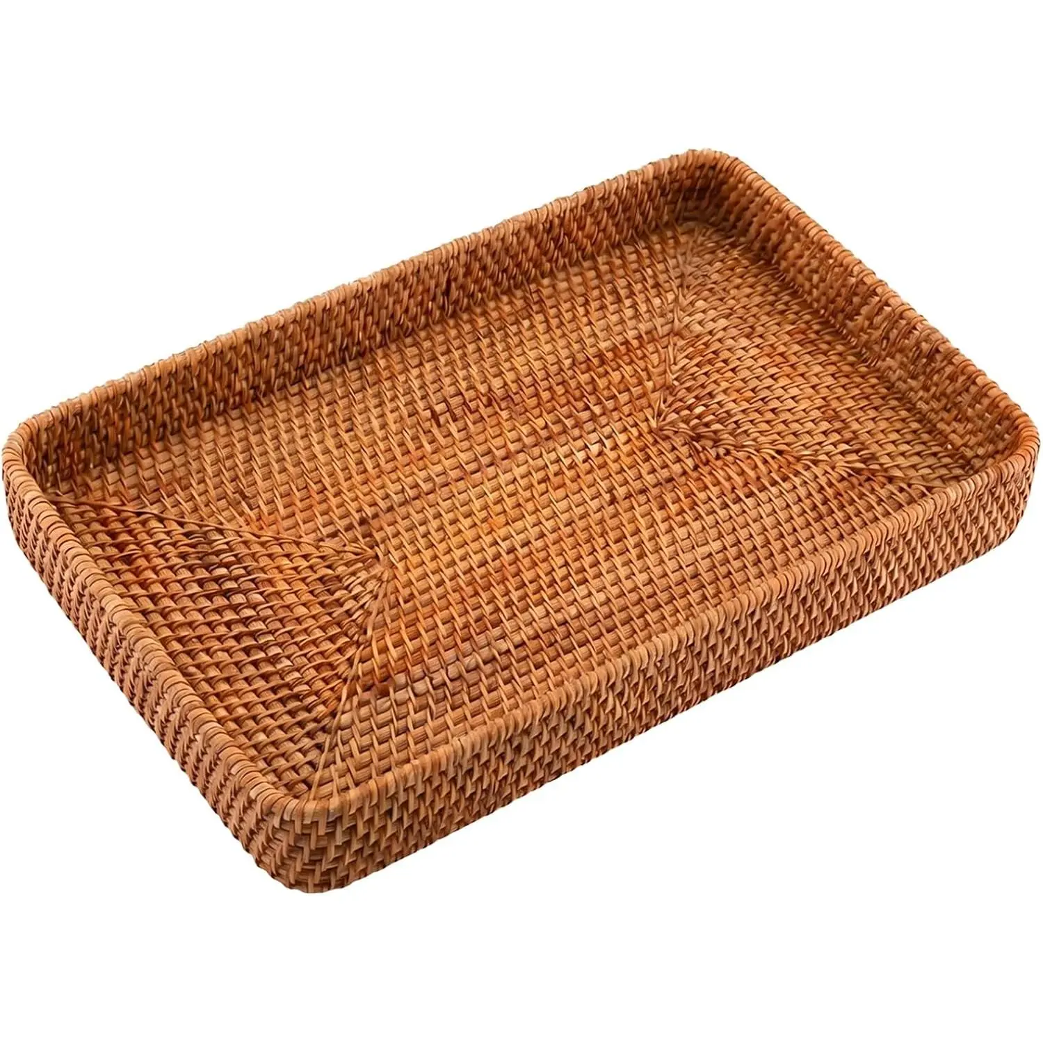 Wicker Storage Basket Rattan Tray Rectangular Wicker Basket Handwoven Organizer Basket Decorative Serving Tray Fruit Bread Baskets for Storage Home Kitchen Restaurant Decor (14.6 x 9 x 2 inches)