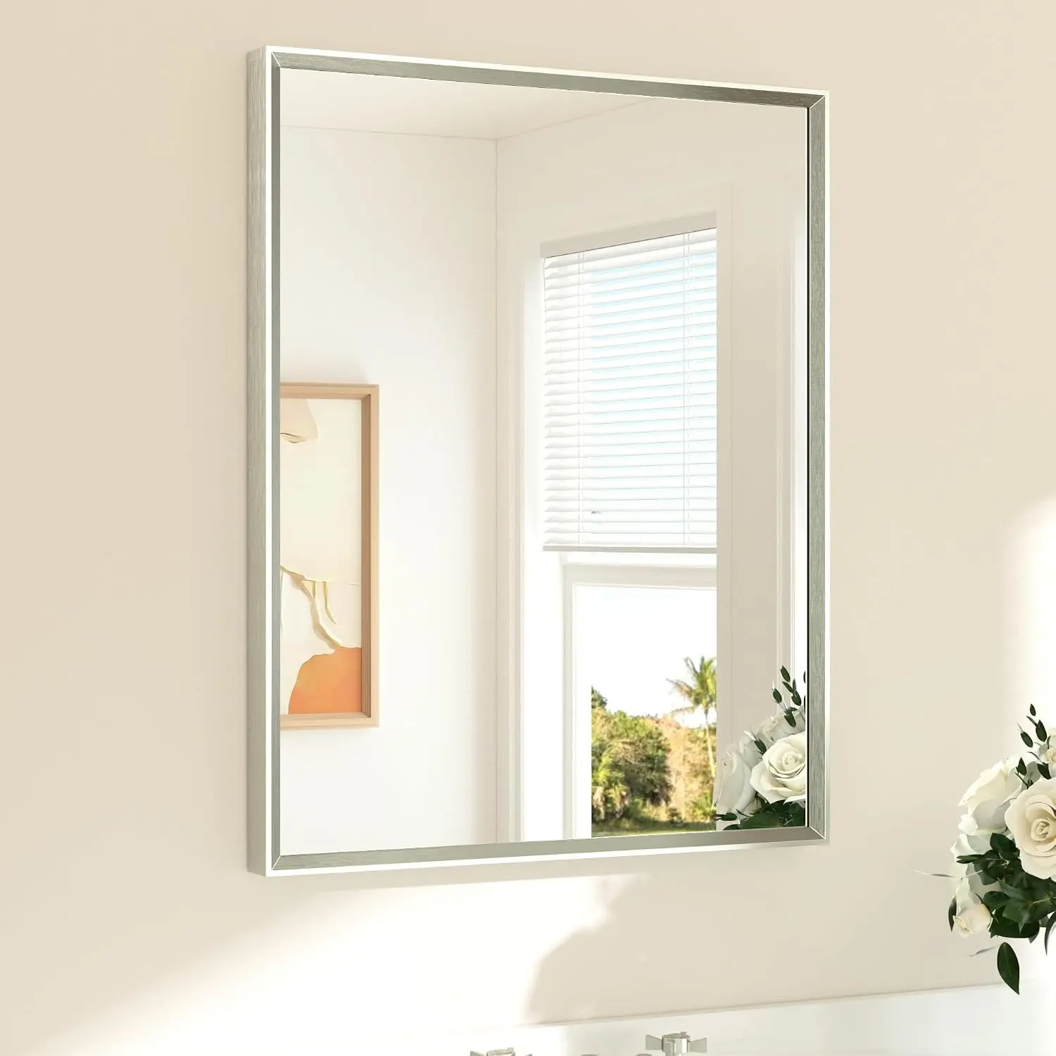 Brushed Nickel Bathroom Mirror 24" x 30" Rectangle Beveled Frame Bathroom Vanity Mirror for Over Sink Brushed Nickel, Tempered Glass, Stronger Frame, Modern Farmhouse Bedroom, Entryway