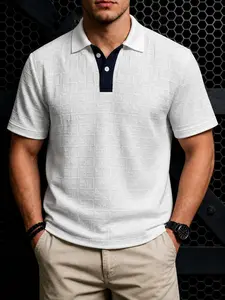 Men's Summer Textured Colorblock Polo Shirt, Embossed Collar Short Sleeve, Casual Slim-Fitting Solid Pattern, Unlined Plain Surface