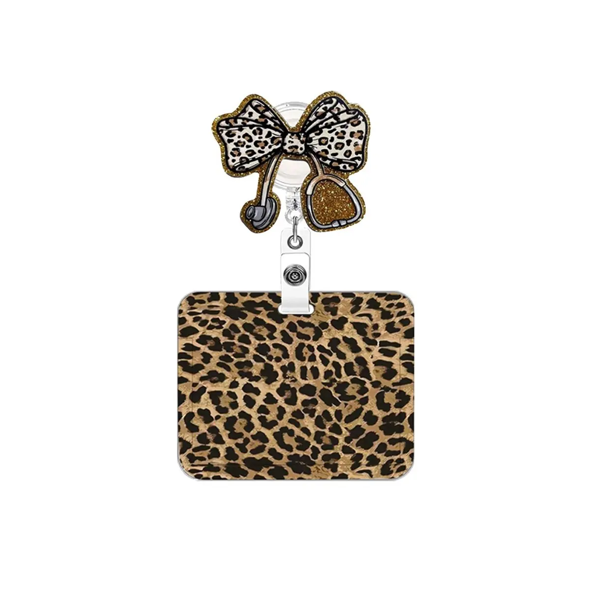 Cool Leopard Print Badge Holder Set, Retractable Badge Reel with Bow, Rotating Clip, Id Card Protector for Nurse Teacher Office