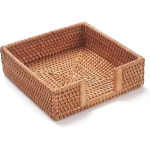 Square Rattan Woven Napkin Holder 7.5" x 7.5" x 2.5" Wicker Napkin Tray for Paper Napkins Guest Towel Holder for Restaurant Kitchen Bathroom Table