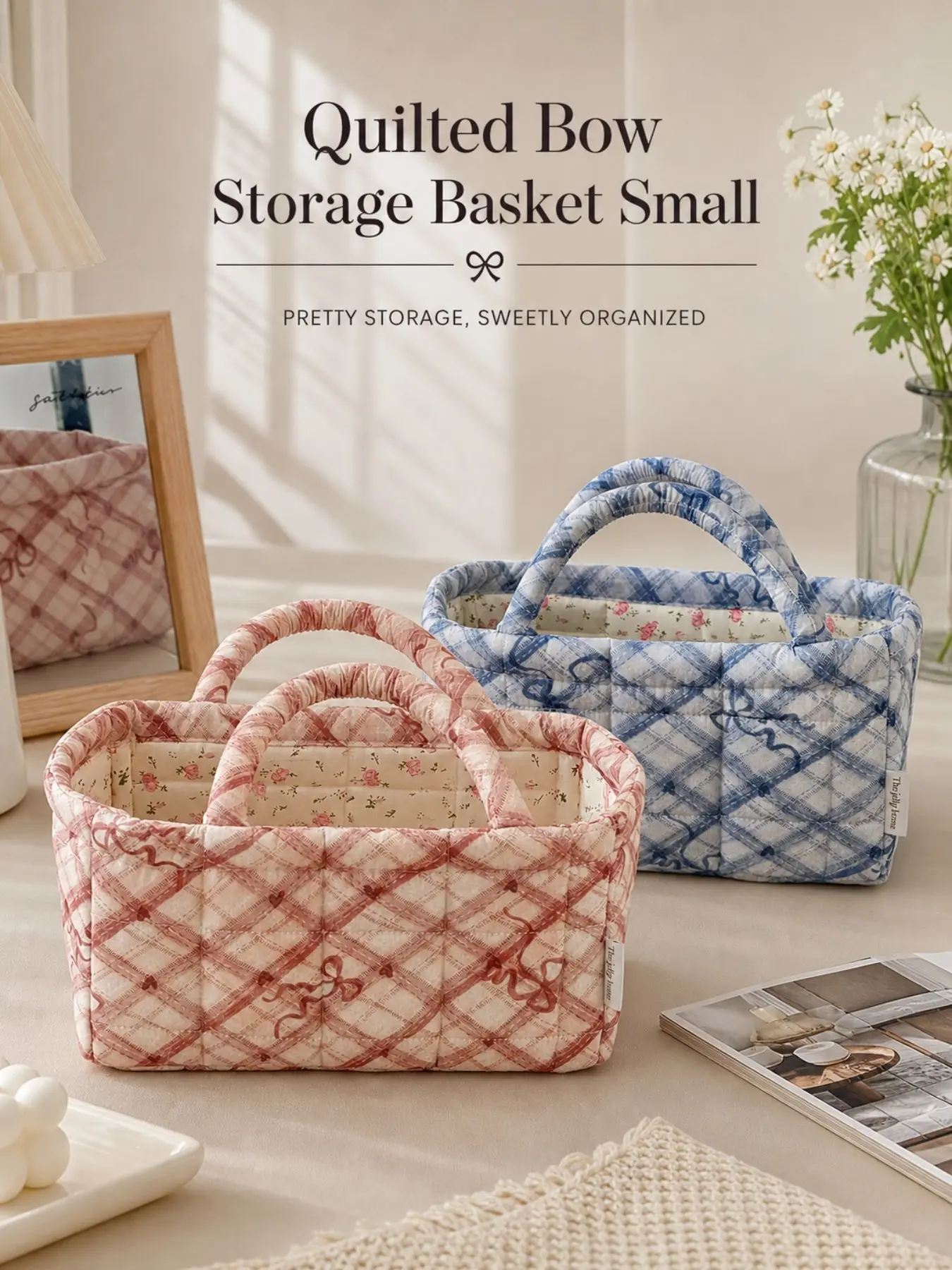 Small Rhombus Butterfly Print Quilted Storage Basket, Dual Handle Floral Lining Mini Fabric Organizer, Portable Washable Desktop Makeup Box