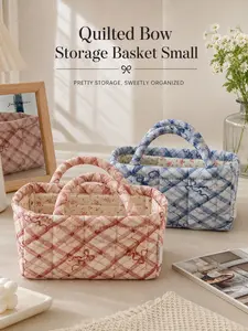 Small Rhombus Butterfly Print Quilted Storage Basket, Dual Handle Floral Lining Mini Fabric Organizer, Portable Washable Desktop Makeup Box
