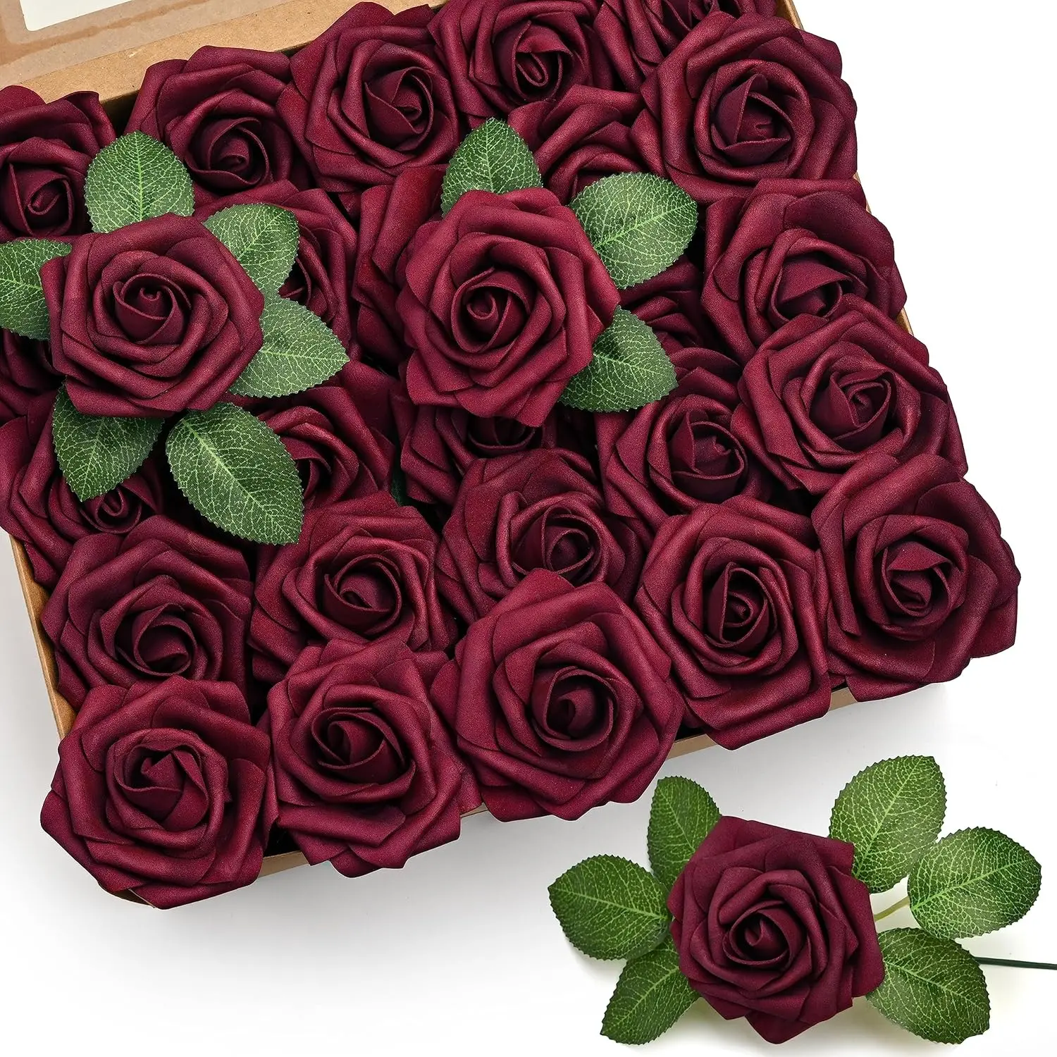 50Pcs Burgundy Roses Artificial Flowers, Burgundy Fake Rose for Decoration, Real Touch Foam Rose with Stem Bulk Wedding Bouquet Bridal Shower Centerpieces Floral Arrangement Party Table Decor