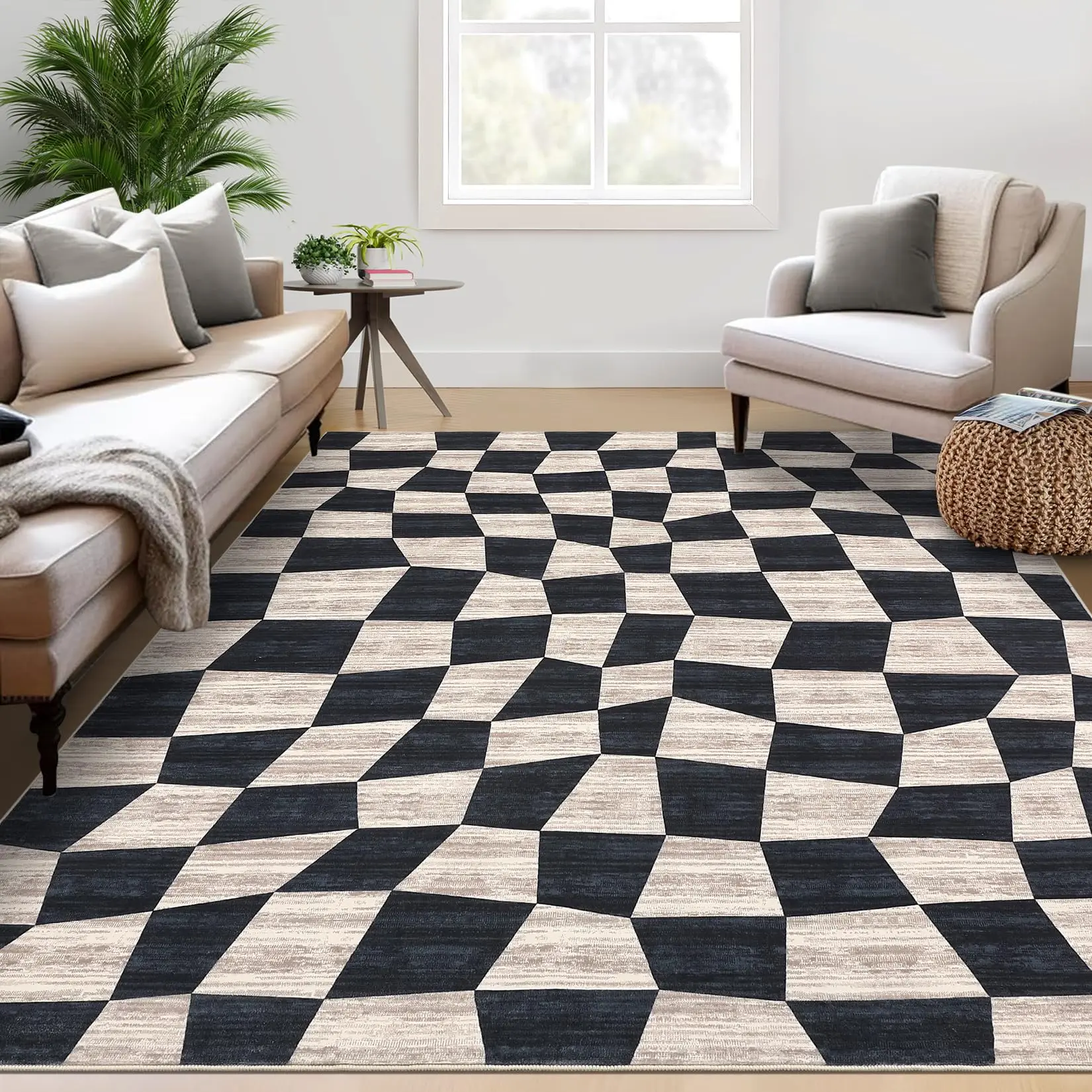 GARVEEWashable Checkered Rugs: Non-Slip, Stain Resistant, Soft Area Rugs for Living Room, Bedroom, Dining Room, or Nursery. Available in Sizes 5x7, 8x10, and 9x12, Colors: Brown, Black, Grey.