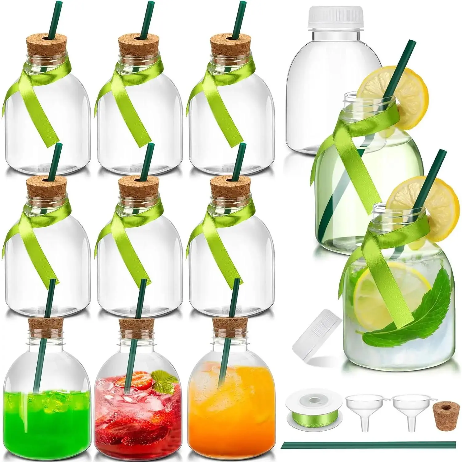 Stylish Durable DIY Project Personalized Packaging Storage Bottles & Jars, 12-Count 10 oz Plastic Patron Bottles with Cork, Straw & Green Silky Ribbon Accessories, Empty for Drinks, Mini Jars for Wedding Party Personalized Decoration (Green), Juice Bottle