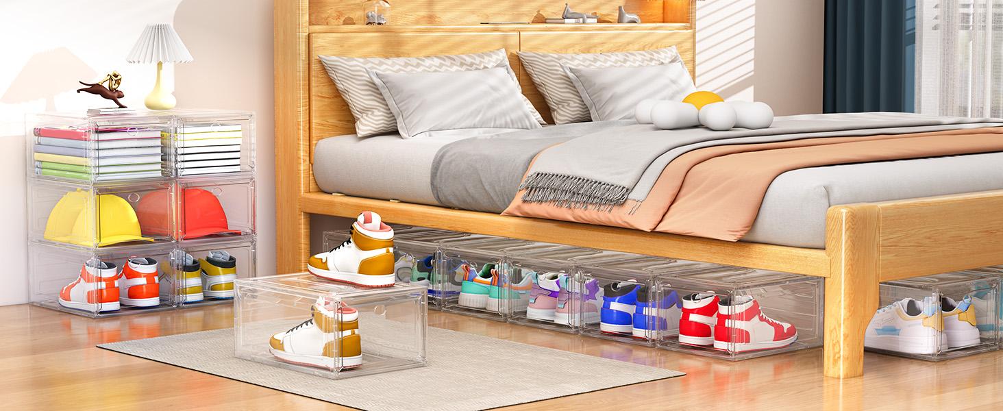 Thickened Clear Shoe Storage Organizer with Magnetic Door, Sturdy Stackable Shoe Boxes for Closet, Collapsible Space-Saving Shoe Rack for Sneakers & Boots, Plastic Shoe Cabinet Box Set, 6 Pack, White