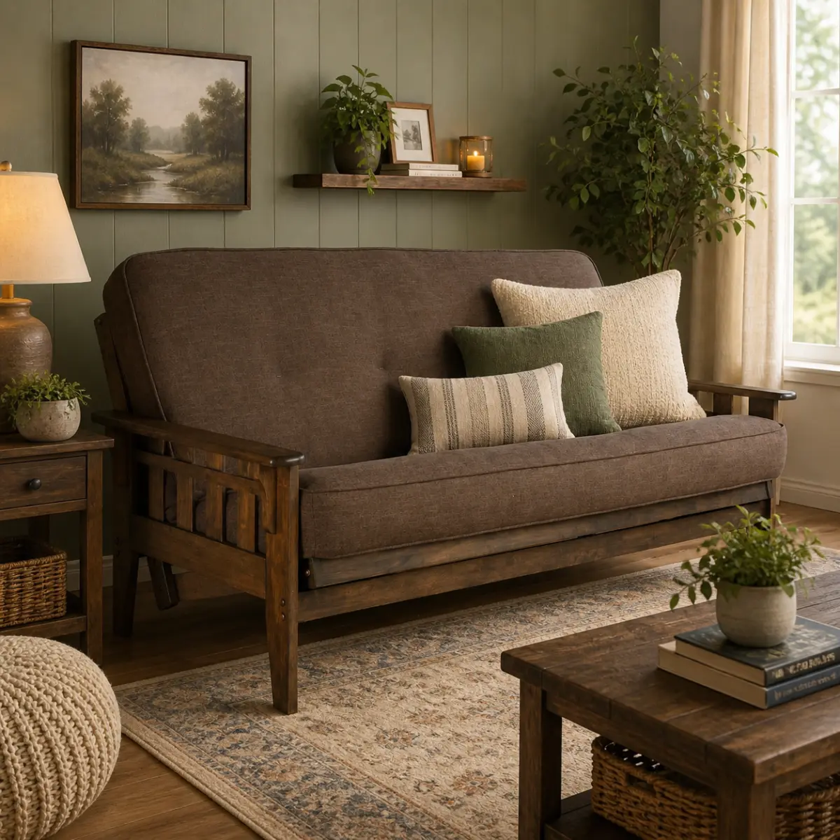 Rustic Style Full-size Futon Frame in Walnut Finish Includes Linen Cocoa Mattress