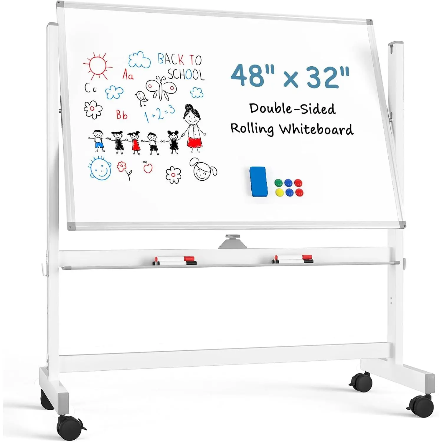 Rolling Whiteboard, 48'' x 32'' Mobile White Board  Wheels | Double-Sided  Dry Erase Board with Stand, Adjustable Height Large Whiteboard for , School & Office, White Stand
