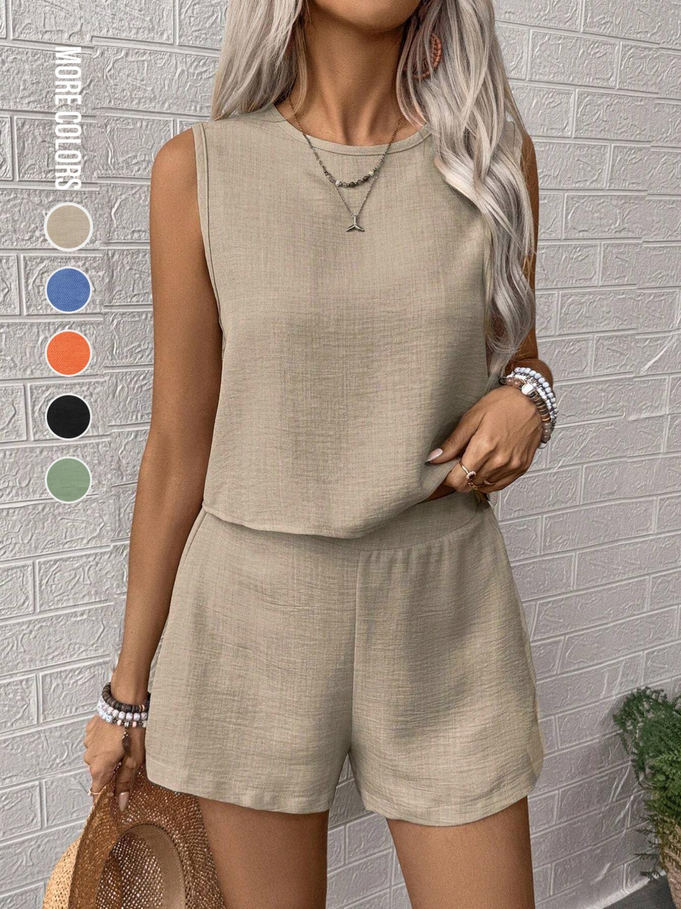 Women's Solid Color Crop Top & Shorts Two-Piece Set, Casual Fashion Cozy Matching Clothing Set for Daily Outdoor Wear, Ladies Summer Clothes