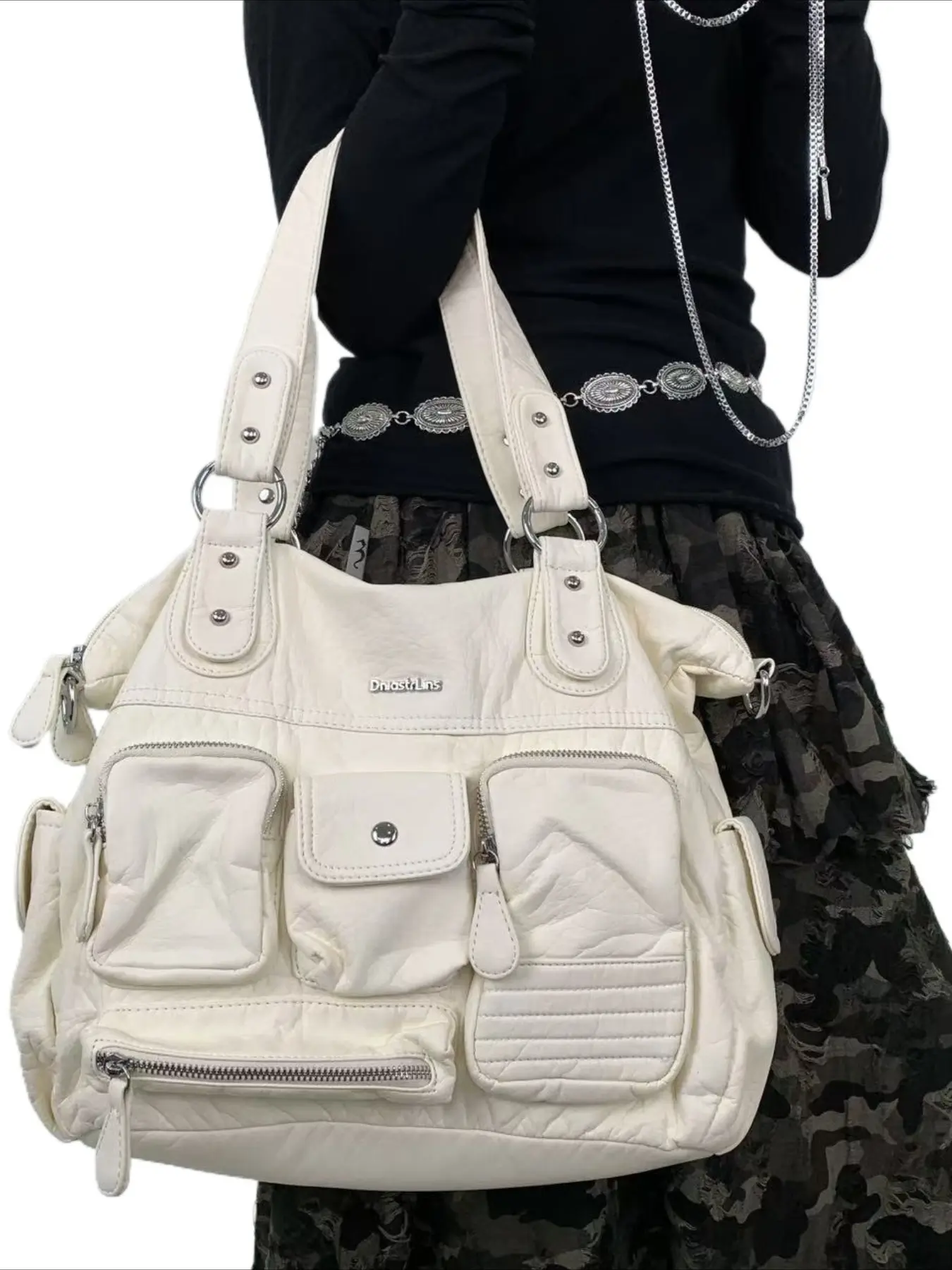 Ladies' retro vegan leather motorcycle tote bag with washed spicy girl wasteland style multi pocket soft leather shoulder bag, detachable shoulder strap diagonal cross bag, suitable for daily commuting, gatherings, dates and work