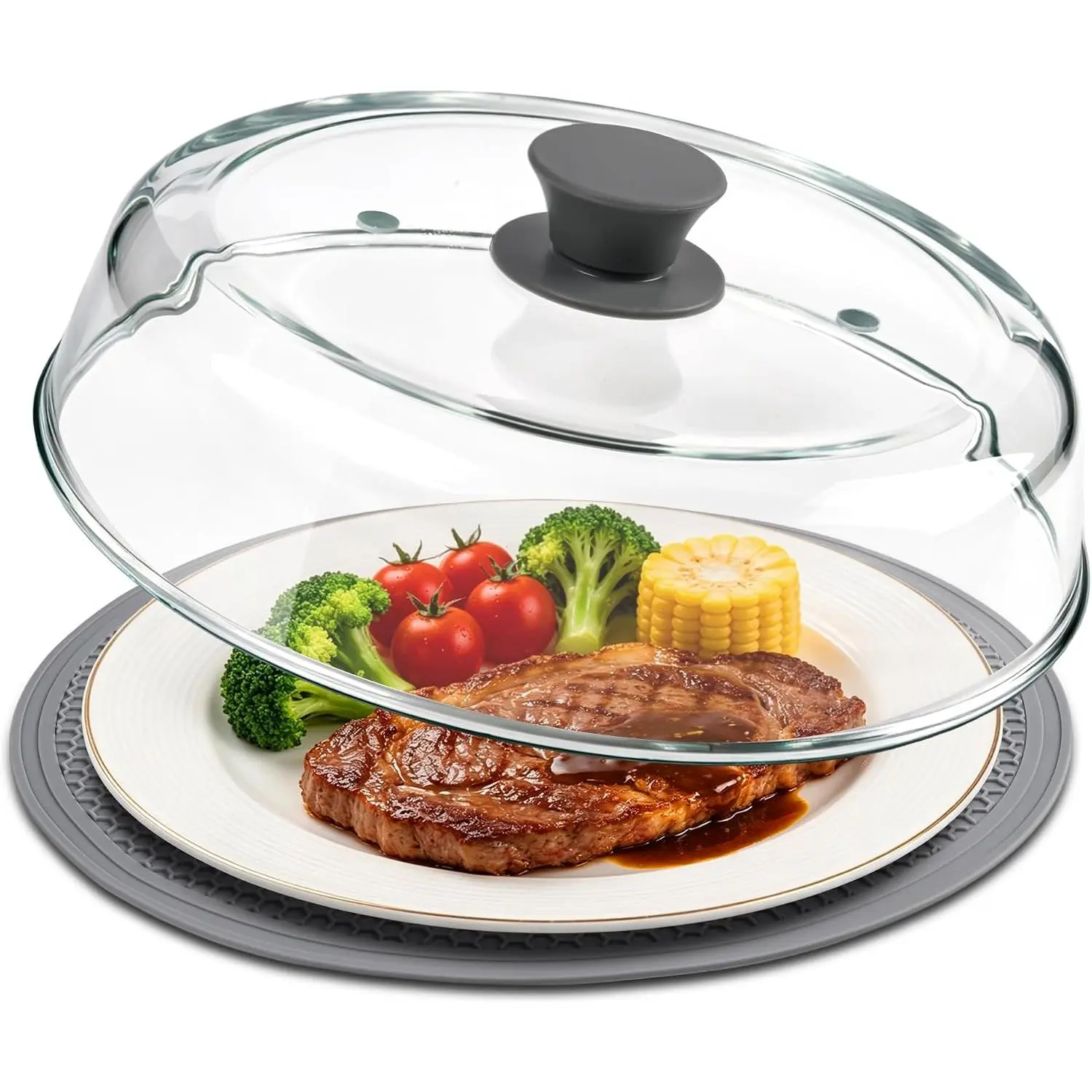 10-Inch Glass Microwave Splatter Cover with Silicone Mat, Heat-Resistant Vented Plate Guard Lid with Easy-Grip Handle, BPA-Free and Dishwasher Safe